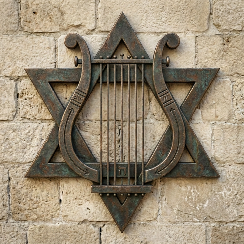 Bronze lyre sculpture with seven strings mounted on a beige stone wall, incorporating the Star of David shape